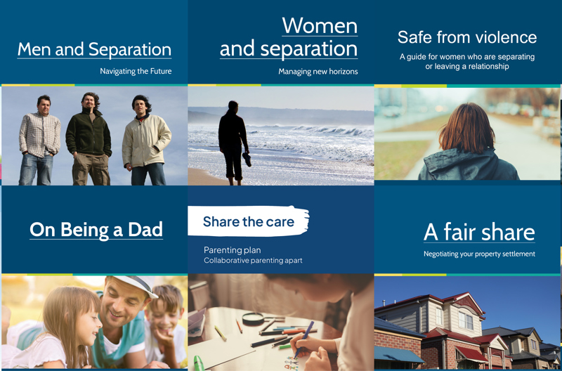 Preview images of the 10 resource booklets on this page about separation, family violence, relationships and parenting