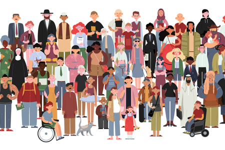 An illustration of a large group of people of all ethnicities standing together. 