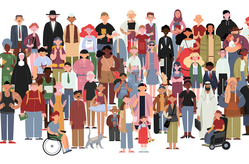 An illustration of a large group of people of all ethnicities standing together. 