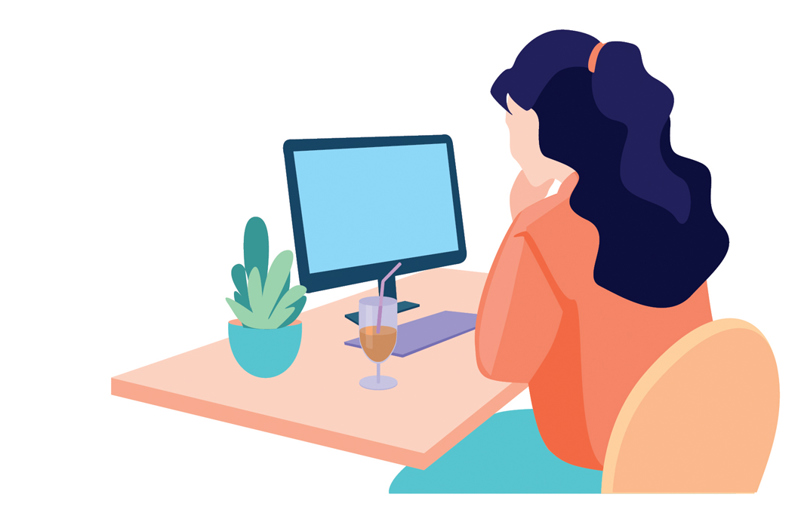 An illustration of a woman sitting at a desk drinking a drink with a monitor in front of her. 