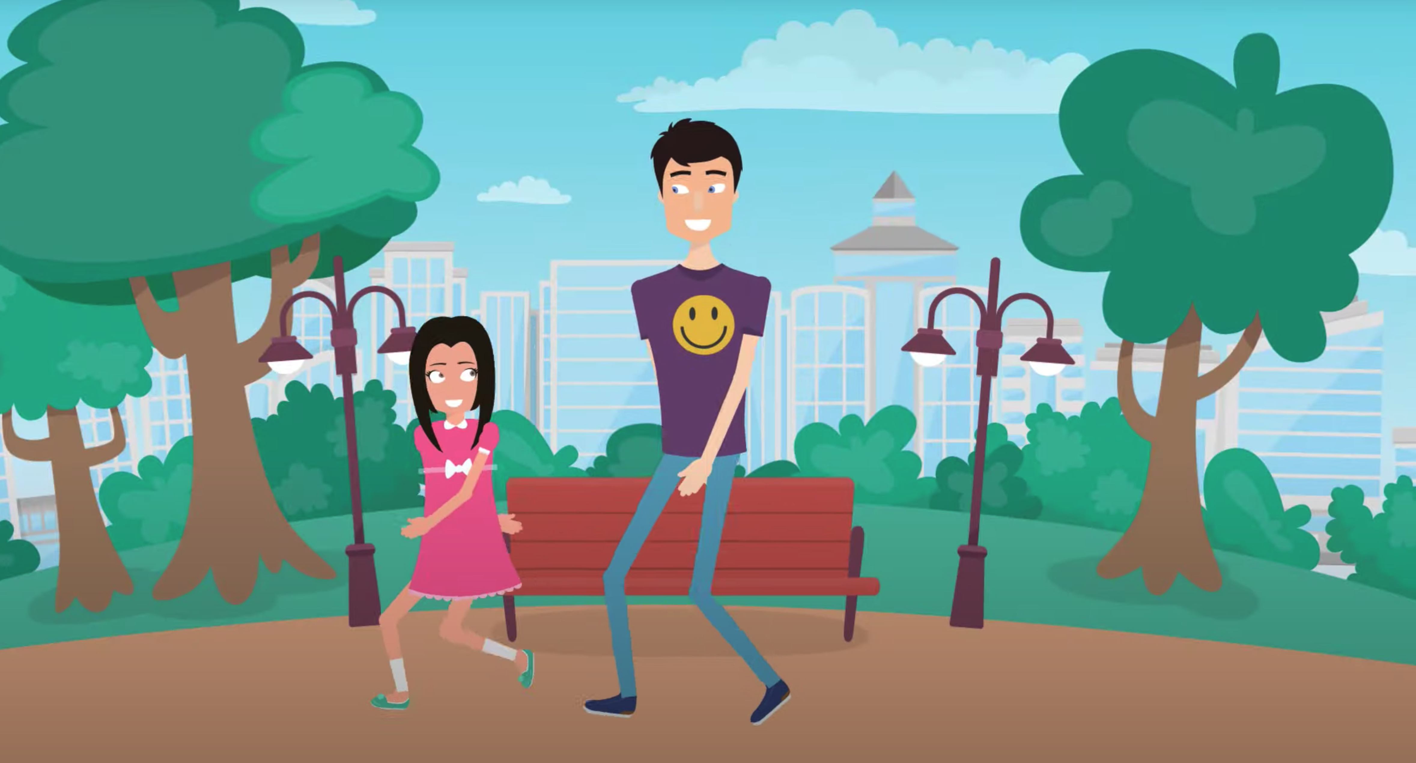 An illustration of a dad walking through a park with his daughter.