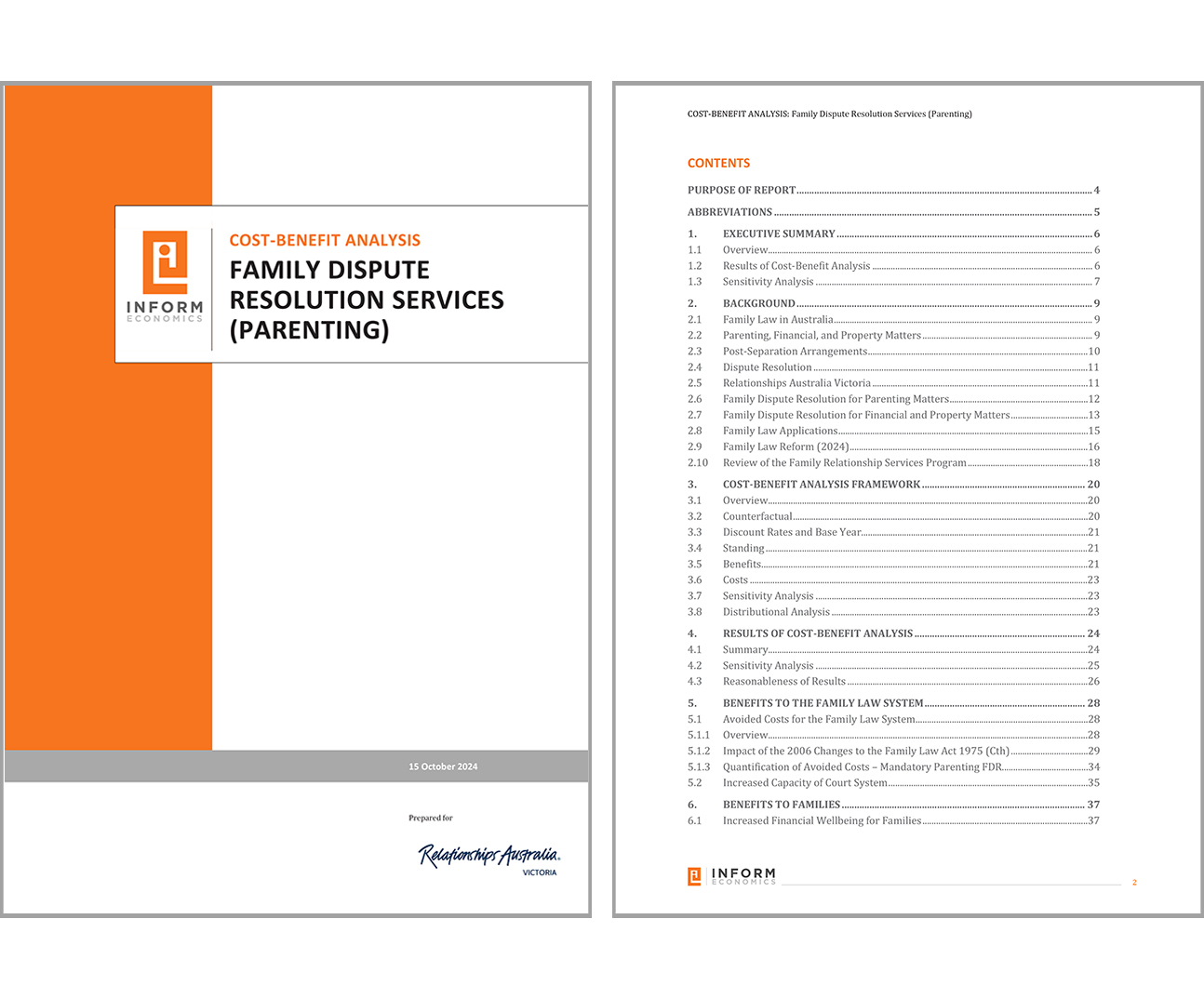 The report cover and table of contents from a cost-benefit analysis of our FDR services for parenting matters