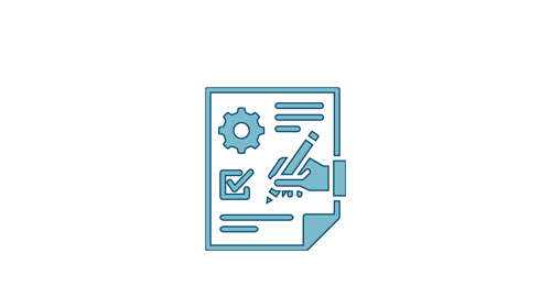 An illustration of a hand writing on a piece of paper. The paper shows a cog and a checkbox