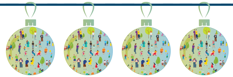 Four colourful holiday baubles, filled with illustrations of people doing different activities