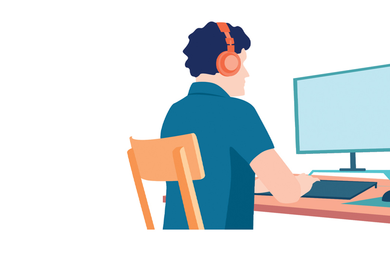 An illustration of a man sitting at a table working on a desktop with headphones on. 