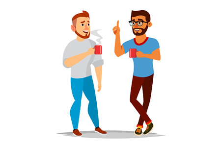An illustration of two friends standing next to each other enjoying a cup of coffee.