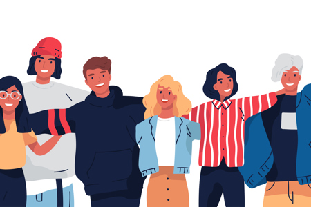 An illustration of a group of people standing together with their arms around each other.