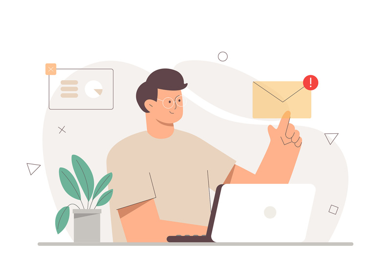 An illustration of a man sitting at a desk on a laptop pointing towards an email.