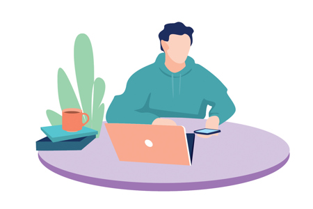 An illustration of a person sitting at a table eating with a laptop open in front of them. 