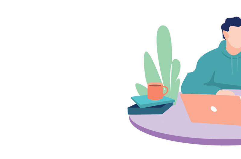An illustration of a person sitting at a table eating with a laptop open in front of them.