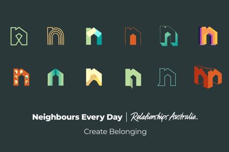 Different coloured Neighbours Every Day logos on top of a dark grey background