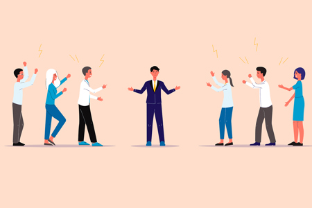 An illustration of a mediator standing in the middle of two groups of people arguing. 