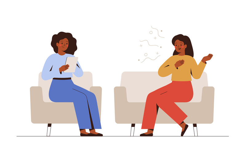 An illustration of a counsellor sitting on a couch listening to a woman talking sitting on another couch. 