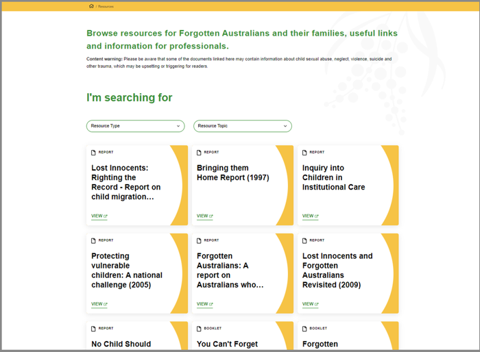 A screenshot of the resources library on the Open Place website showing a grid view of individual resources with titles, topic tags and a filter to change which resources are displayed