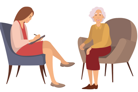 An illustration of a one-on-one counselling session while the counsellor takes notes. 