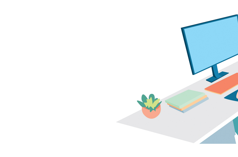 An illustration of a man sitting at a desk working on his desktop.