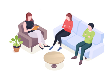 An illustration of an unhappy couple sitting on a couch with their arms folded while a counsellor takes notes.