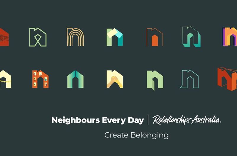 20 different illustrations of the letter 'N' and the text 'Neighbours Every Day - Relationships Australia - Create Belonging'