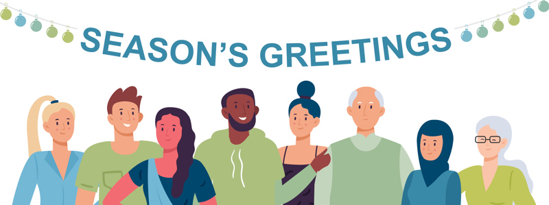 An illustration of 8 smiling people, standing beneath a 'Season's Greetings' banner and holiday baubles